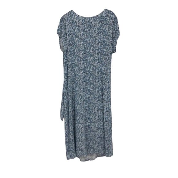 LOFT Light blue white dotted side gather short sleeve rayon midi sheath dress L - Picture 2 of 14
